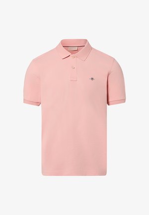 Lichtroze poloshirt met korte mouwen, een kraag, een knoopsluiting met twee knopen en een klein geborduurd logo op de linkerborst.