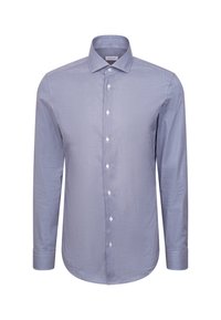 Camicia da uomo a maniche lunghe texture blu chiaro con colletto classico e bottoni bianchi sul davanti.