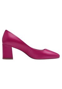 Escarpin en cuir magenta avec un bout arrondi et un talon bloc, vu de côté sur fond blanc.