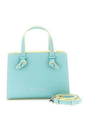 Sac à main rectangulaire bleu clair et jaune avec double poignée, bandoulière amovible et logo argenté "CAFèNOIR" sur le devant.