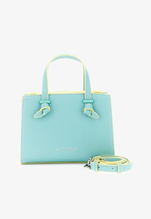 Sac à main rectangulaire bleu clair et jaune avec double poignée, bandoulière amovible et logo argenté "CAFèNOIR" sur le devant.