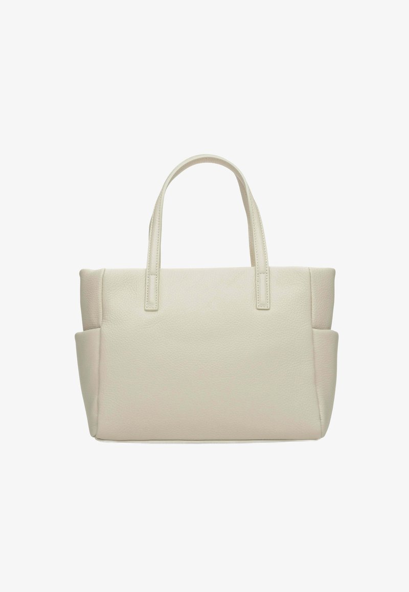 Jasno beżowa skórzana torba typu tote z dwoma bocznymi kieszeniami, podwójnymi uchwytami i gładką fakturą. Prostokątny kształt o minimalistycznym designie.