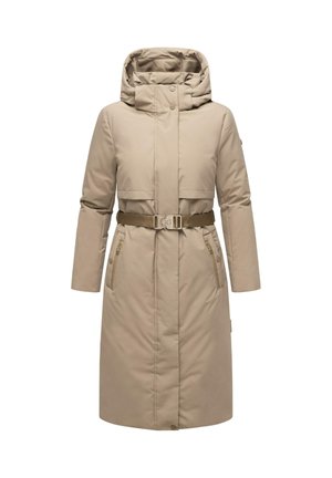 Beige-padded takki, jossa on korkea kaulus ja irrotettava huppu, vyötärölle sidottava vyö sekä kaksi etutaskua, joissa on vetoketjut. Sileä, vedenkestävä kangas.