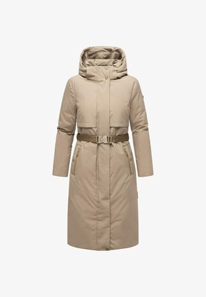 Beige padded coat with a high collar and detachable hood, belted waist, and two front zippered pockets. Smooth, water-resistant fabric.