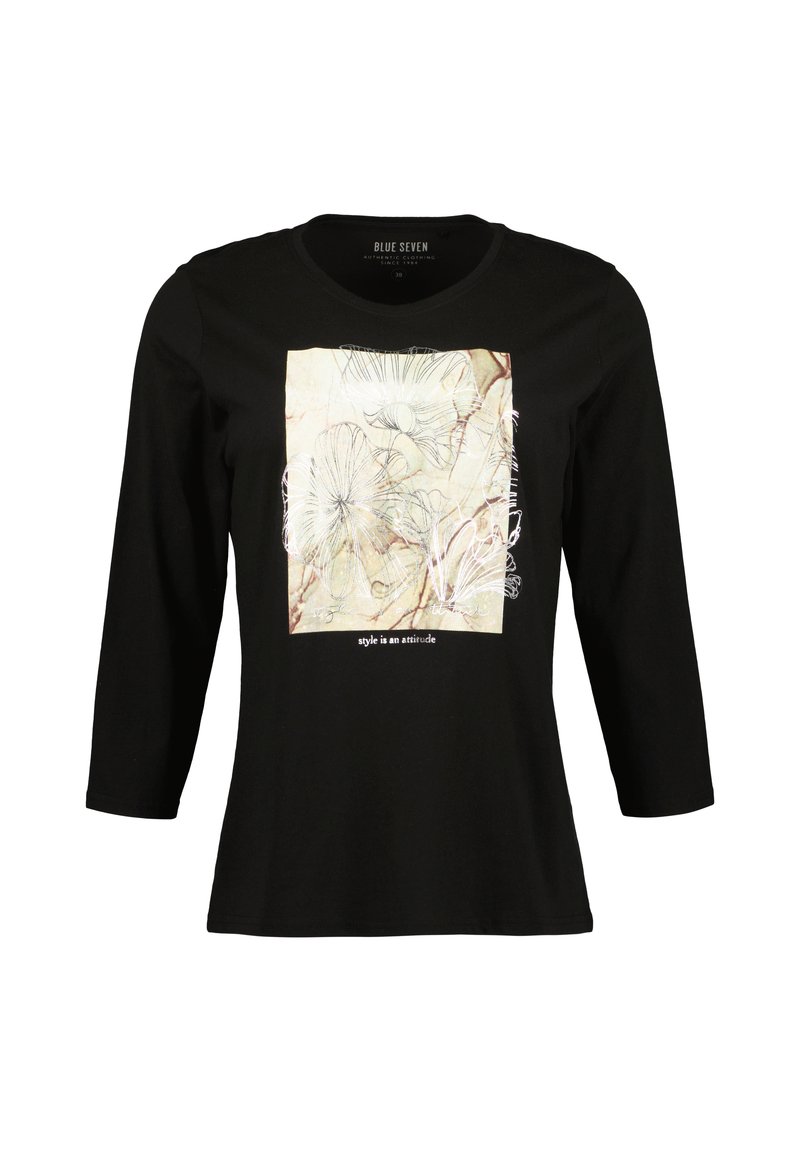 Černé dlouhé tričko s dlouhým rukávem, které zdobí čtvercový krémový grafický motiv s kv�ětinovým lineárním uměním a textem "styl je postoj" na spodní části.