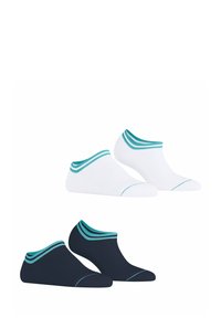 Knöchelsocken in Weiß und Marineblau, jeweils mit türkisfarbenen Akzentstreifen am Bund. Besitzen ein tief ausgeschnittenes Design und eine glatte Textur.