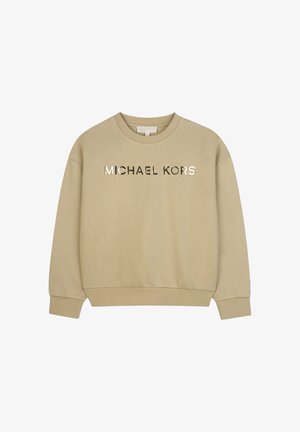 Sweatshirt bege com decote careca, textura suave e um ajuste ligeiramente relaxado. Apresenta "MICHAEL KORS" em letras metálicas na parte da frente.