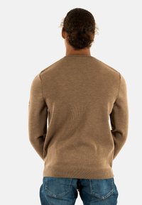 Maglione a maglia marrone con scollatura tonda, orlo a costine e maniche lunghe, abbinato a jeans in denim blu, visto da dietro.