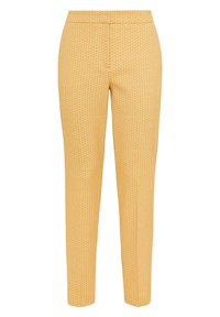Žluté kalhoty se vzorem, které mají přiléhavý střih, texturovanou tkaninu a středně vysoký pas s hladkým povrchem.