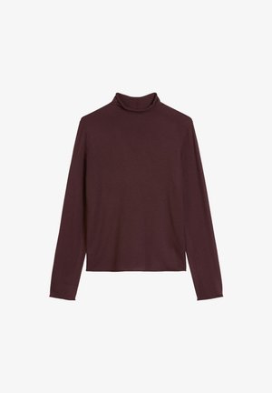 Haut à col roulé bordeaux en tissu doux et extensible. Manches longues, design ajusté et col haut avec une texture lisse.