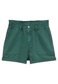Pantalones cortos de tiro alto en verde oscuro con cintura elástica, botón frontal, dobladillos enrollados y grandes bolsillos frontales.