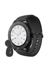 Montre intelligente noire avec un cadran rond, un cadran analogique blanc et de grands chiffres noirs. Bracelet en silicone noir. Accompagnée d'un écouteur noir.