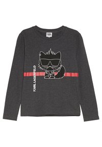 Ciemnoszara koszula z długim rękawem z rysunkowym kotem w okularach przeciwsłonecznych i kurtce na poziomej czerwonej paski oraz napisem "KARL LAGERFELD".