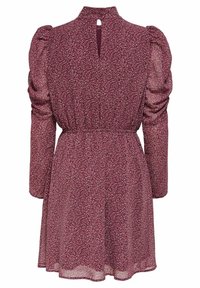 Robe courte florale bordeaux avec manches longues bouffantes, taille cintrée, col montant, dos avec ouverture en forme de goutte et jupe fluide.