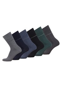 Six pairs of socks arranged in a row. Colors include gray, navy, dark blue, black, green, and dark gray. Made from a smooth, textured fabric.