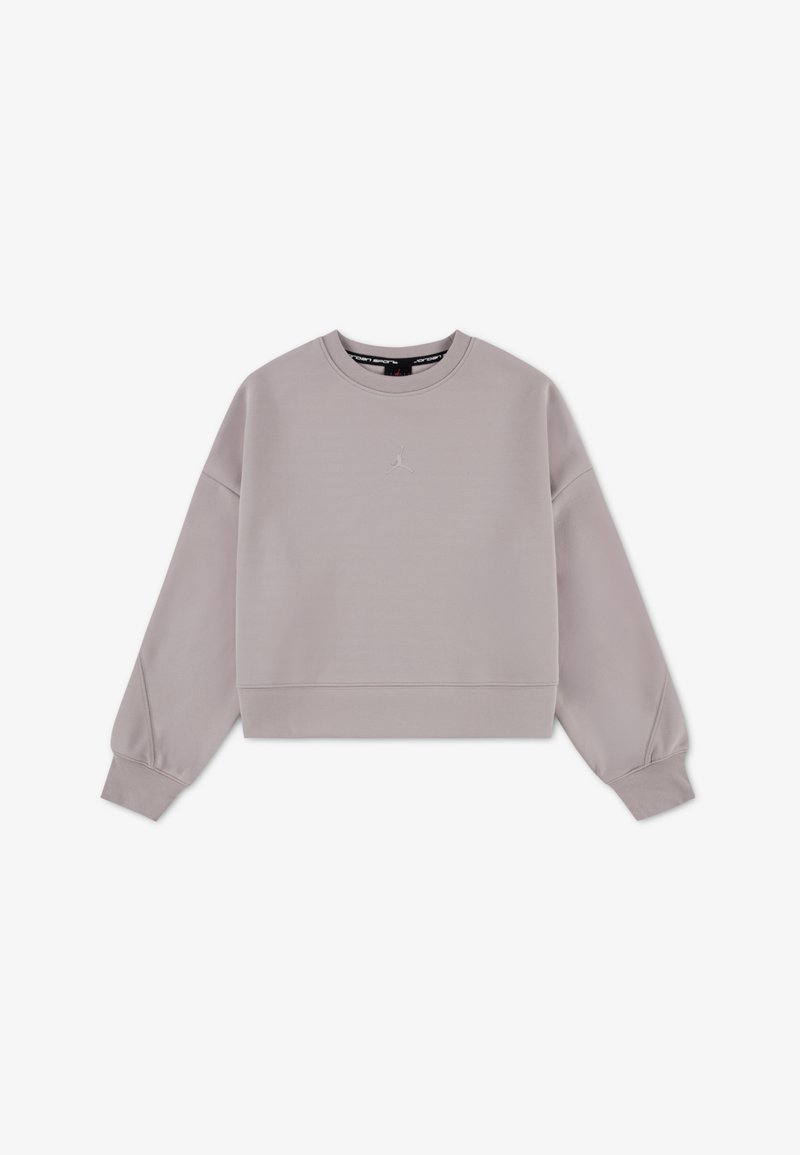 Ανοιχτό γκρι cropped φούτερ από βαμβακερό μείγμα, με στρογγυλή λαιμόκοψη, μακριά μανίκια και μικρό κεντημένο λογότυπο στο στήθος.