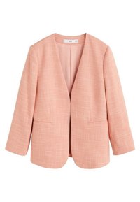 Light pink women's blazer with long sleeves, open front, and subtle textured pattern, hanging against white background.