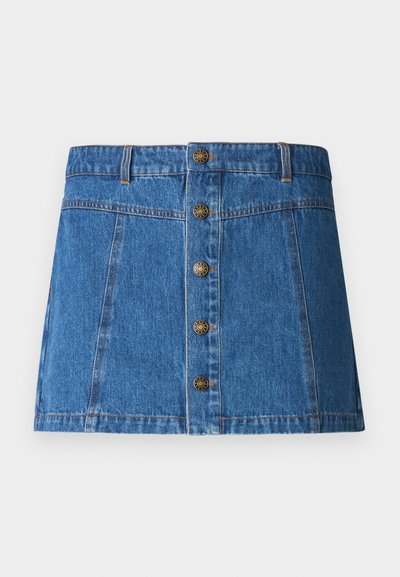 Denim skirt features a flared shape, blue color, front button closure with bronze hardware, and dual side pockets.