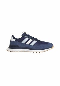 Scarpe da ginnastica blu navy con tomaia in suede e mesh, design a tre strisce bianche, suola in gomma color gomma e colletto imbottito per il comfort.