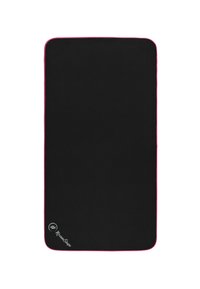 Black rectangular yoga mat with a textured surface, bordered in pink, featuring a logo in the bottom corner.