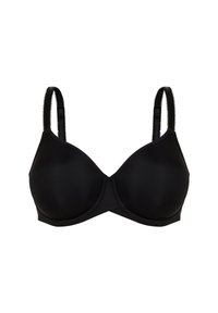 Soutien-gorge noir à armatures avec une surface lisse et mate. Il dispose de bretelles ajustables et de bonnets sans coutures, conçu pour un ajustement moulé.