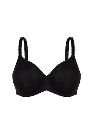 Soutien-gorge noir à armatures avec une surface lisse et mate. Il dispose de bretelles ajustables et de bonnets sans coutures, conçu pour un ajustement moulé.
