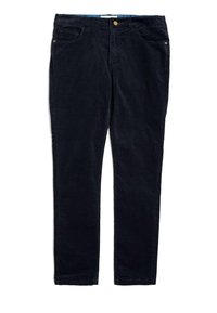 Navy kordflätade byxor med rak bendesign, som har två framfickor, en myntficka och en knappstängning i midjan.