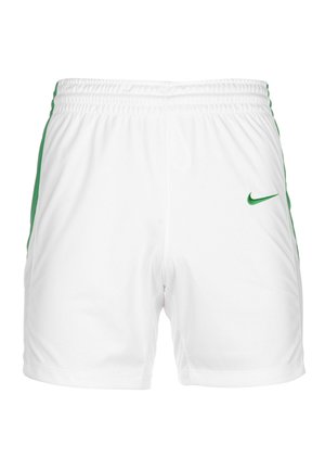Witte sport shorts met groene zijkanten en een klein groen Nike-logo aan de linkervoorzijde. De stof is lichtgewicht en glad.