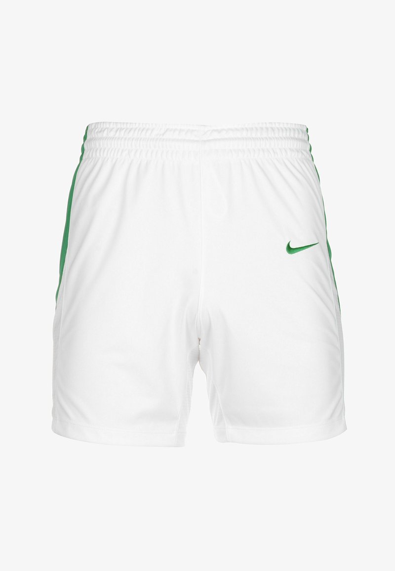 Weiße Sportshorts mit grünen seitlichen Akzenten und einem kleinen grünen Nike-Logo auf der linken Vorderseite. Der Stoff ist leicht und glatt.