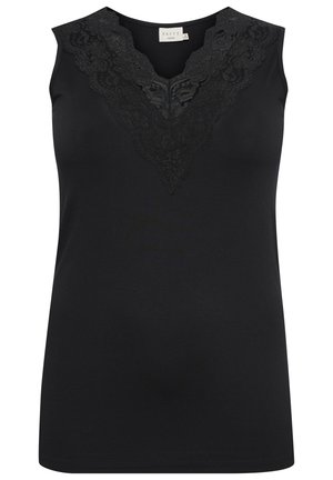 Top negru fără mâneci, cu decolteu în V, având detalii intricate din dantelă neagră pe guler. Material moale, design ajustat și fără logo-uri vizibile.