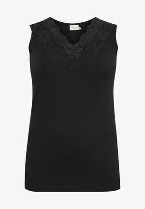 Top negru fără mâneci, cu decolteu în V, având detalii intricate din dantelă neagră pe guler. Material moale, design ajustat și fără logo-uri vizibile.