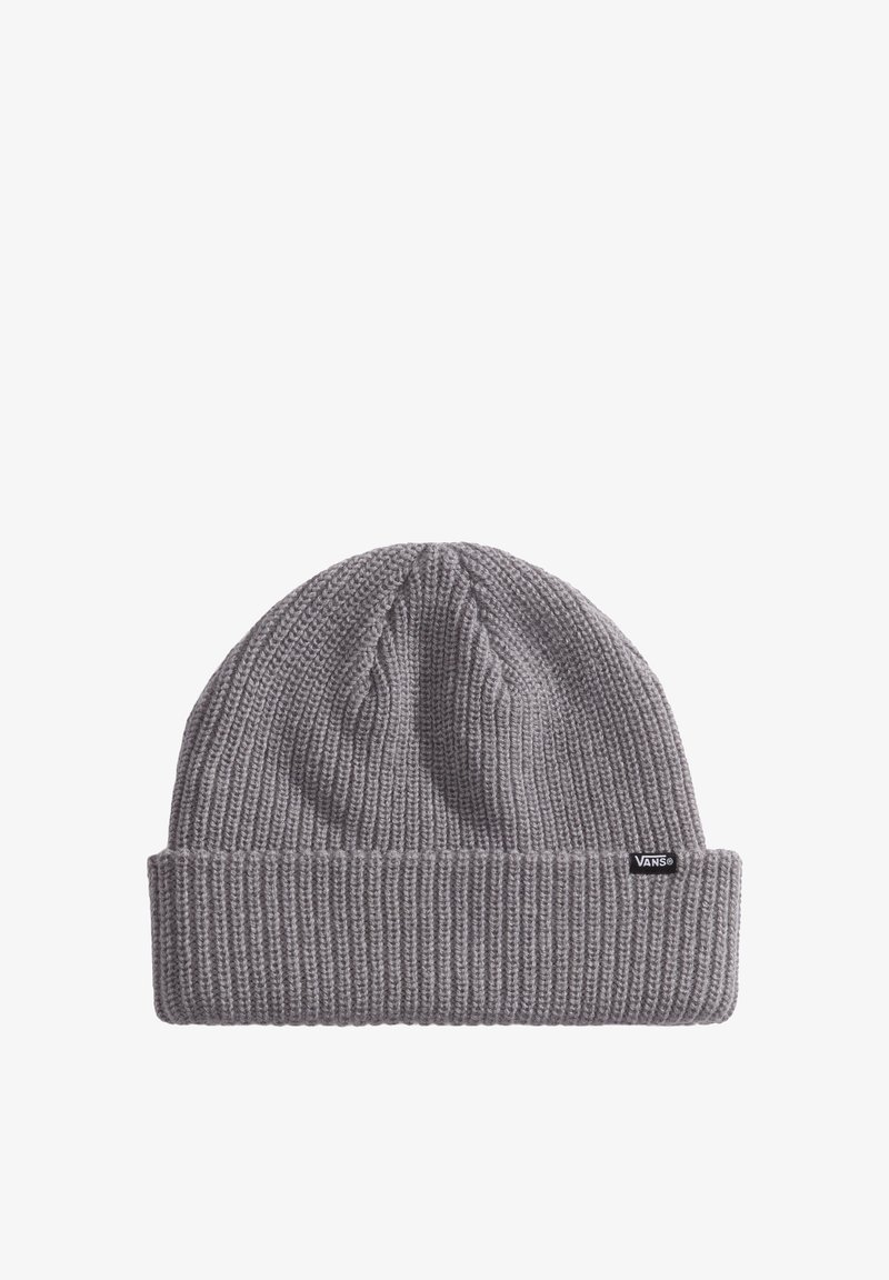 Gray ribbed knit beanie with folded cuff and small black Vans logo tag on the side, displayed on white background.