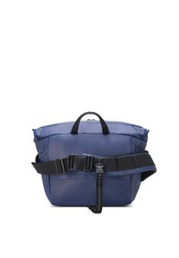 Borsa imbottita blu con manico superiore, cinturino nero regolabile e chiusura con fibbia. Presenta una texture liscia e una forma rettangolare.