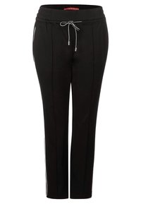 Czarne dresy z elastycznym pasem i regulowanym sznurkiem, z bocznymi paskami i gładką teksturą.