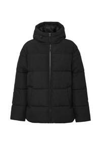 Giacca a vento nera con zip frontale, cappuccio e due tasche laterali. Presenta un design trapuntato e una vestibilità comoda. Realizzata in tessuto liscio.