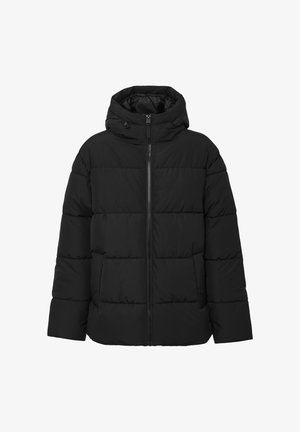 Schwarze Pufferjacke mit Reißverschluss, Kapuze und zwei seitlichen Taschen. Verfügt über ein gestepptes Design und einen lockeren Schnitt. Hergestellt aus glattem Stoff.