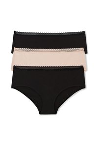 Trois culottes hipster pour femmes en noir et beige, chacune présentant un détail de taille en dentelle festonnée, empilées sur un fond blanc.