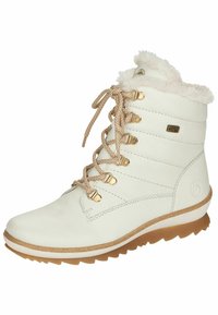 Witte leren laars met een nepbonten kraag. Voorzien van gouden hardware, beige veters en een gestructureerde zool. Ontworpen voor buitengebruik.