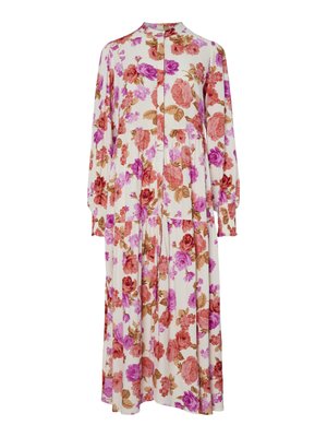 Bloemenjurk met een crèmekleurige achtergrond, versierd met roze, rode en bruine rozen, lange mouwen, een gekraagde halslijn en een geplisseerde rok.
