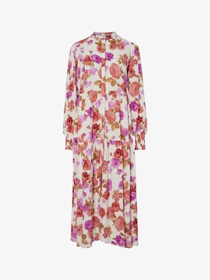 Ziedu kleita ar krēmkrāsas fona, uz kura ir rozā, sarkani un brūni ziedi, garām piedurknēm, apkakles kakla izgriezumu un plisētu svārku.