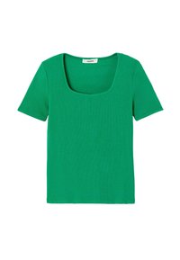 T-shirt vert à manches courtes avec un col carré, fabriqué en tissu côtelé. Il présente une couleur unie et une coupe ajustée.