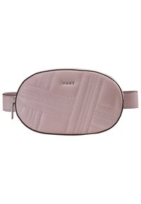 Pink oval-shaped crossbody bag made of smooth leather, featuring quilted lines, a silver logo, and a zippered closure.