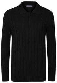 Pull polo noir en tricot arborant un motif à torsades, fermeture par boutons et poignets et ourlet côtelés. Confectionné dans un matériau épais et texturé.