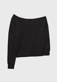 Schwarzes Off-Shoulder-Sweatshirt aus weichem Baumwollmaterial, mit langen Ärmeln, lockerer Passform und gerippten Bündchen.