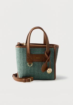 Small woven teal handbag with brown leather handles, trim, detachable strap, zipper closure, and gold-tone charm detail.
