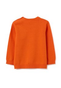 Oranger Strickpullover mit langen Ärmeln, rundem Ausschnitt und gerippten Bündchen. Einfach, einfarbig mit glatter Textur und ohne Verzierungen.