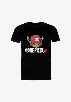 Zwart katoenen T-shirt met een cartoonfiguur met gewei dat een rode hoed draagt, met de tekst "ONE PIECE" en een klein rozenpictogram.