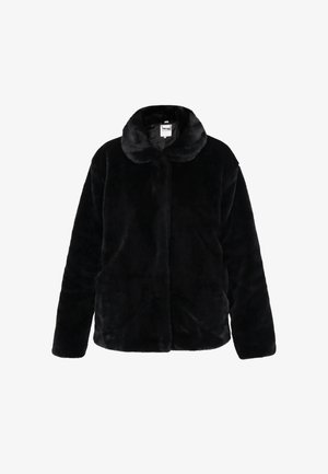 Schwarze Kunstpelzjacke mit weicher Textur, Kragen und vorderer Schnürung. Verfügt über lange Ärmel und einen lockeren Schnitt, der sich für lässige Anlässe eignet.