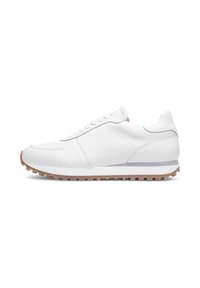 Sneaker bianca in pelle con lacci piatti, suola in gomma con piccoli battistrada e una striscia grigia sulla suola intermedia.