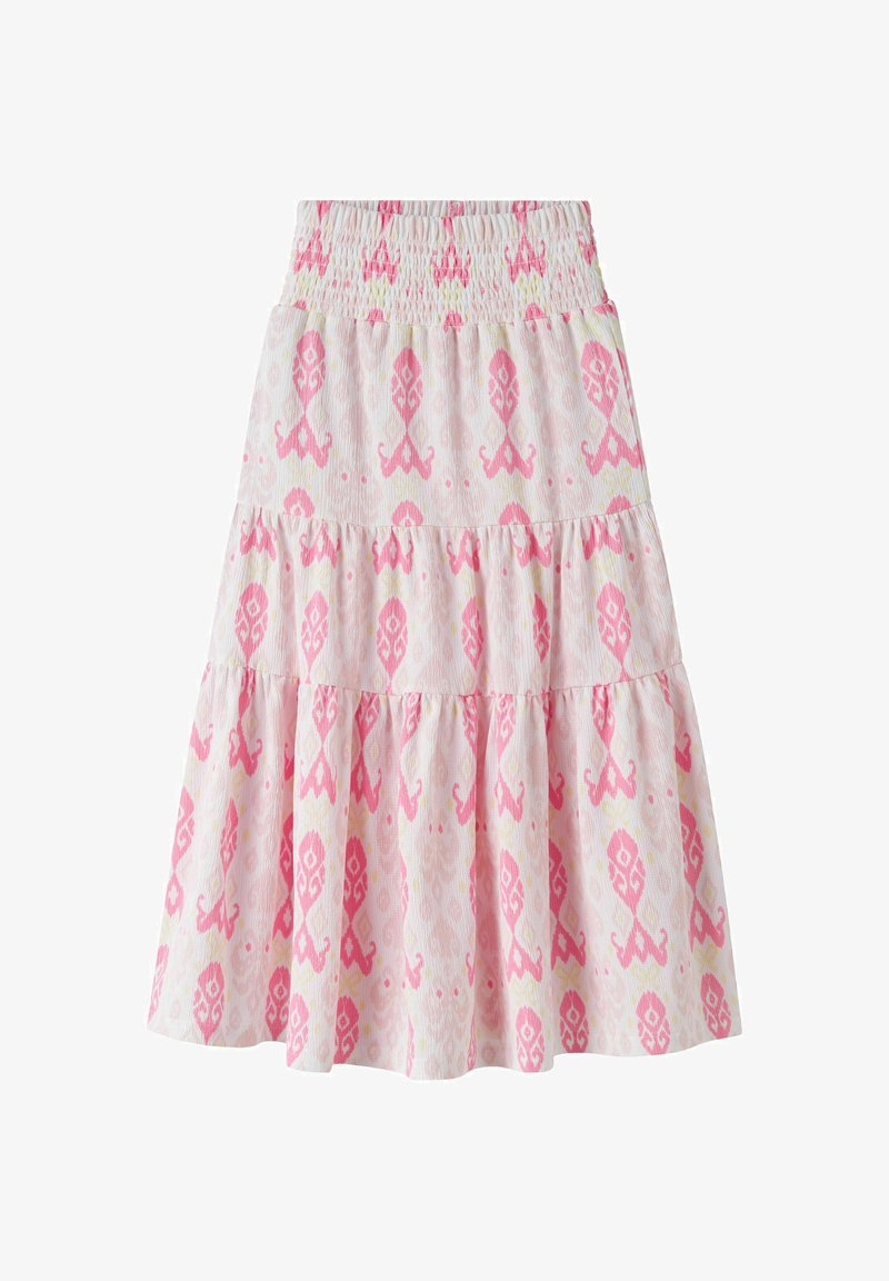 Jupe midi à volants avec ceinture smockée, présentant un motif floral abstrait rose et jaune pâle sur fond blanc.